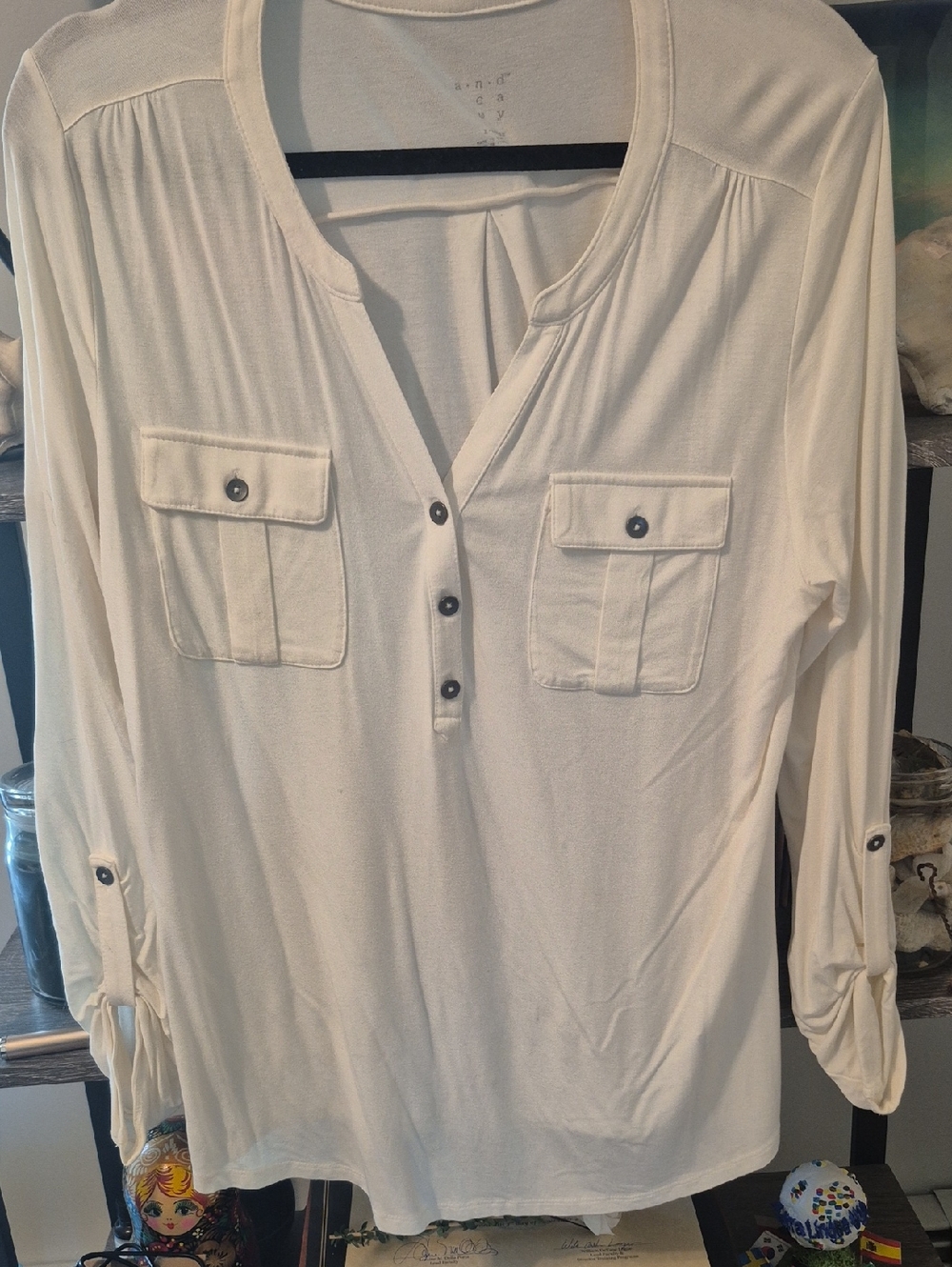 Women’s Cream Henley Button-Front Long Sleeve Top